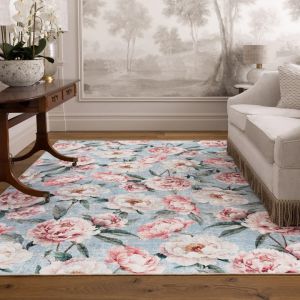 Hug Rug Eco-Washable Blooming Peonies Powder Blue Printed Rug