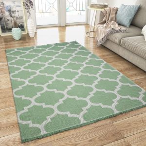 Cotton Rug Green Trellis Pattern with Tassels by Viva Rug