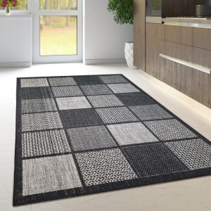 Black Rug Non-Slip Flat Weave Check Kitchen Living Room Rug  by Viva Rugs