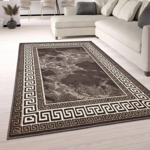 Brown Border Marble Effect Rug Large Soft Oriental Rug  by Viva Rugs