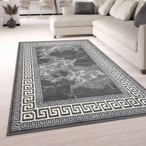 Grey Border Marble Effect Rug Large Soft Oriental Rug  by Viva Rugs