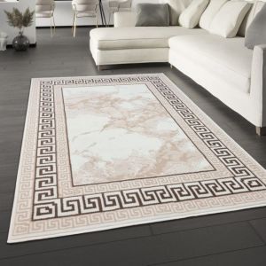 Cream Border Marble Effect Rug Large Soft Oriental Rug  by Viva Rugs