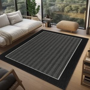 Outdoor Indoor Reversible Rug Quality Woven Soft Sisal Look Weave Black White Cream Colour  by Viva Rugs