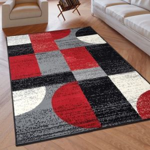 Geometric Rug Grey Black Red Circles Modern Soft Rug  by Viva Rugs