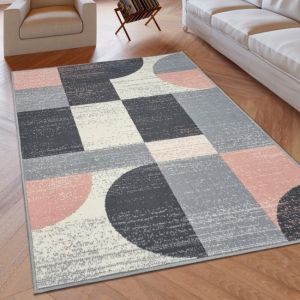 Geometric Rug Grey Pink Circles Modern Soft Rug  by Viva Rugs