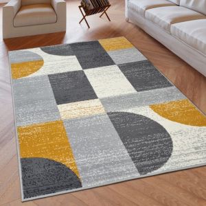 Geometric Rug Cream Grey Mustard Circles Modern Soft Rug  by Viva Rugs