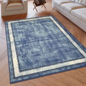 Blue Geometric Rug Bordered Pattern Soft Rug  by Viva Rugs