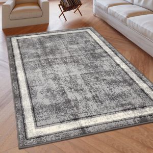 Grey Geometric Rug Bordered Pattern Soft Rug  by Viva Rugs