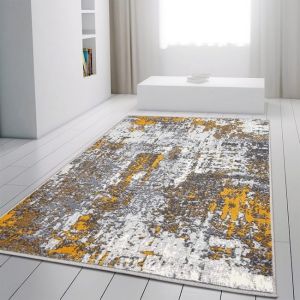 Marble Abstract Rug Grey Mustard Yellow Distressed Pattern Soft Rug  by Viva Rugs