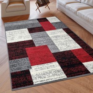 Modern Rug Geometric Red Grey Black Patterned Soft Rug  by Viva Rugs